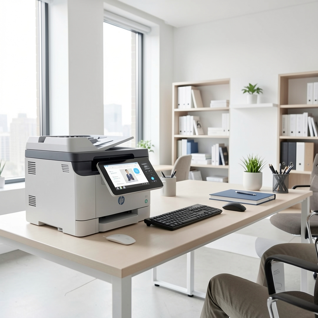 HP LaserJet Pro MFP M428fdw imprimantă multifuncțională laser monocrom cu duplex automat ADF 50 coli, Wi-Fi, ecran tactil color 2.7 inch, pe biroul unui contabil profesionist